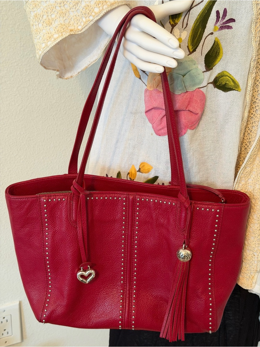 Brighton Red Studded Leather Tote Bag with Tassel and Heart charm